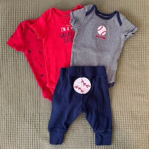 Baseball Bundle Lot of 3 + Pants 100% Cotton Infant 3-Piece Set Size 0-3 Months